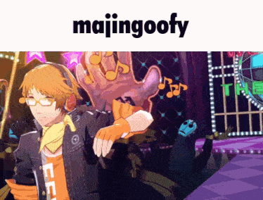 a cartoon of a man with headphones and the words majingoofy above him