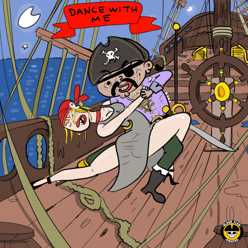 a cartoon of a pirate and a woman dancing with a banner that says " dance with me "