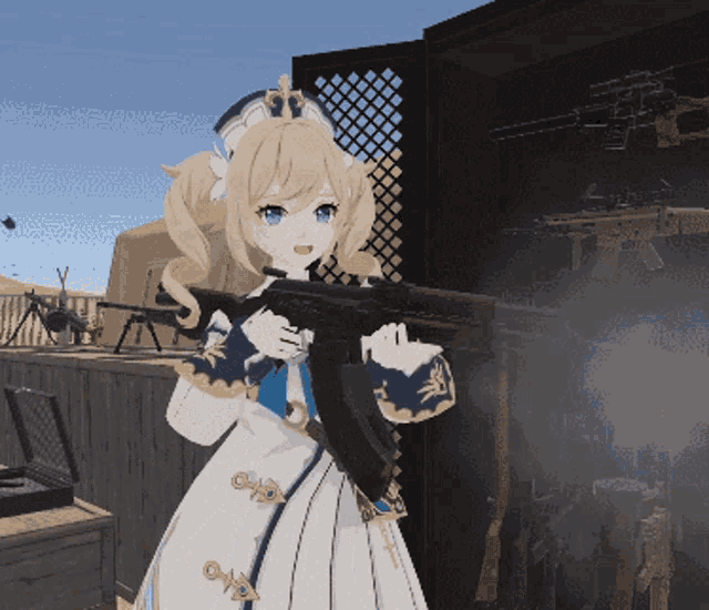 a girl in a white and blue dress holding a rifle