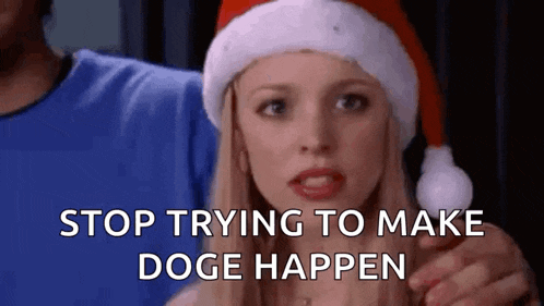 a woman wearing a santa hat is being held by a man and says `` stop trying to make doge happen '' .