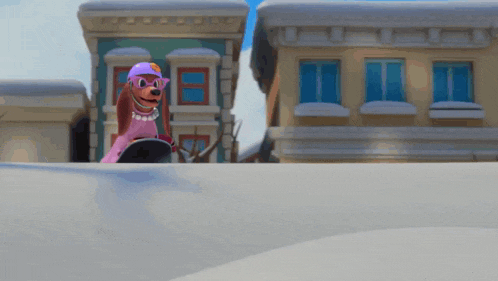 a cartoon dog wearing sunglasses and a hat is riding a skateboard in the snow