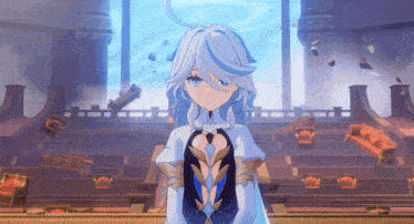 a girl with long white hair and blue eyes is standing in a room