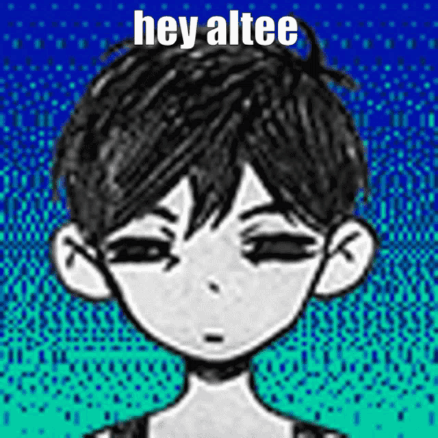 a black and white drawing of a boy with the words hey altee above his head