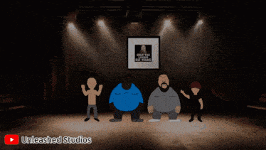 a group of cartoon characters standing on a stage with a sign that says only the strong die young