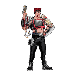 a pixel art of a man holding a gun with the number 29 on his belt