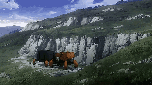 a couple of vehicles are parked in a grassy hillside