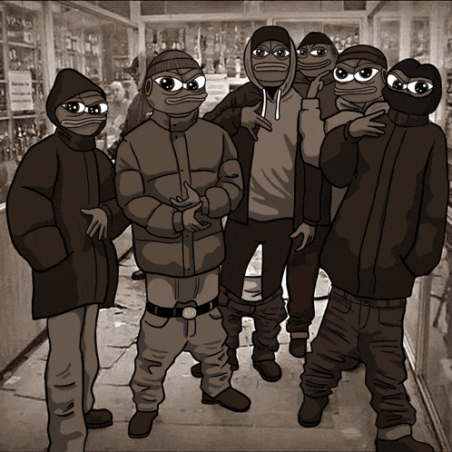a black and white drawing of a group of frogs wearing hoods
