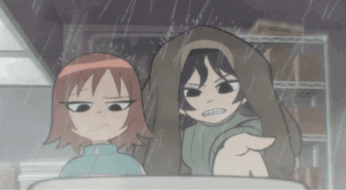 two cartoon characters are standing in the rain and one is pointing
