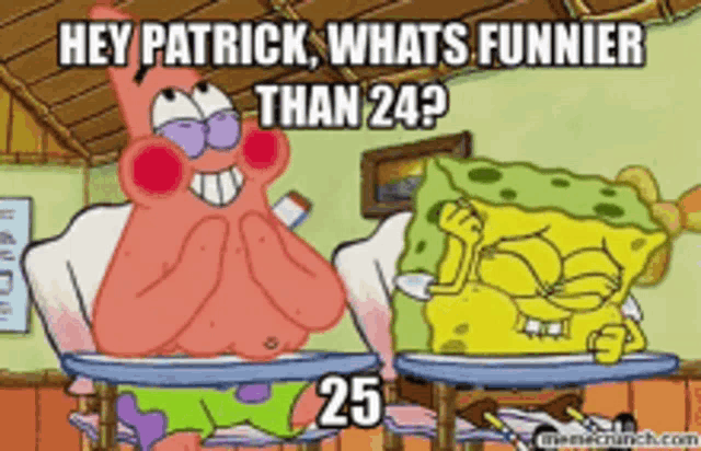 patrick and spongebob from spongebob squarepants are sitting at a table and talking