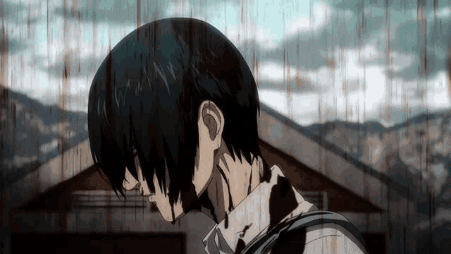 a man with blood coming out of his neck is standing in front of a house .