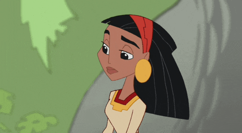 a cartoon girl with long black hair and yellow earrings is smiling