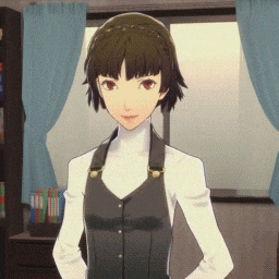 a cartoon girl is standing in front of a window with her hands on her hips