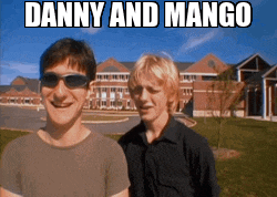 two men wearing sunglasses are standing in front of a building with the words danny and mango written above them