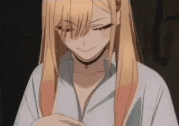a blonde anime girl with long hair and a choker is smiling and looking at the camera .