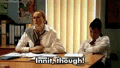 a man and a woman are sitting at a desk in a classroom with the words `` innit , though ! ''