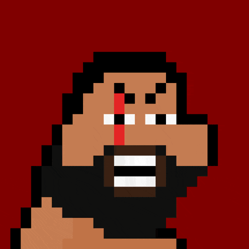 a pixel art of a dog with a red background behind it