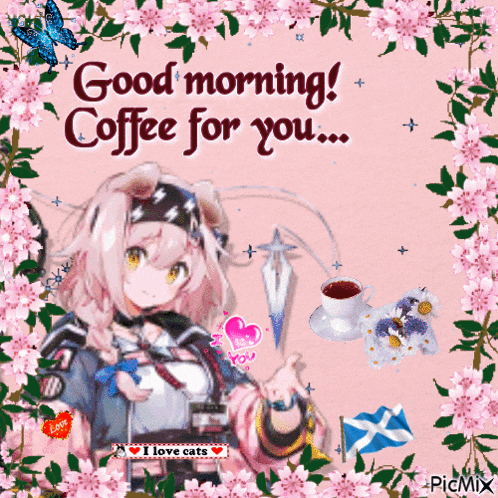a picture of a girl holding a cup of coffee with the words " good morning coffee for you "