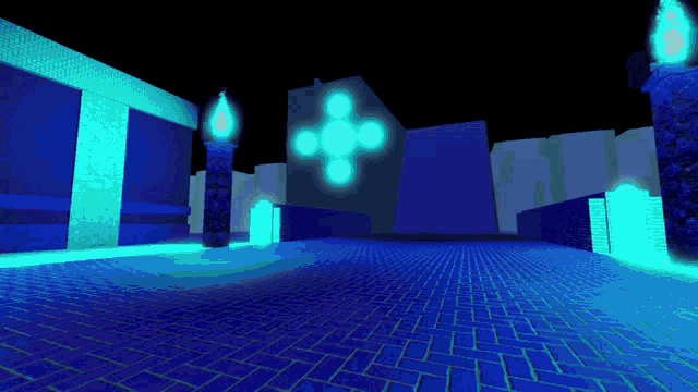 a computer generated image of a blue room with a blue light in the middle