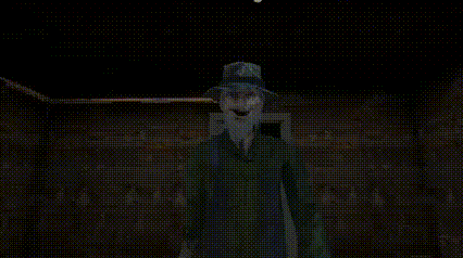 a dog wearing a top hat is standing in a dark room in a video game .
