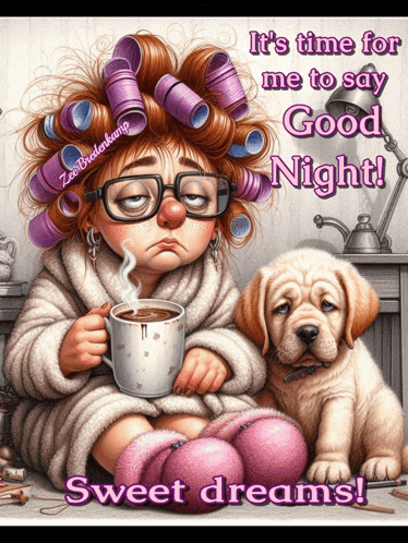 a cartoon of a woman with curlers on her hair holding a cup of coffee and a puppy