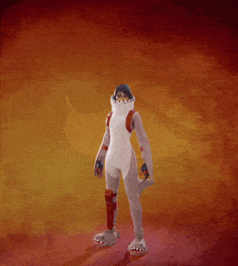a person in a shark costume is holding a blue sword