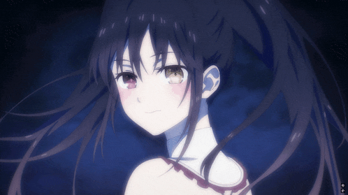 a close up of a girl with a ponytail and red eyes