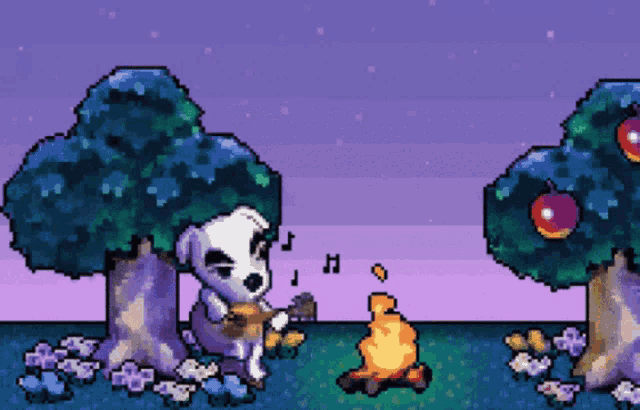 a pixel art drawing of a dog playing a guitar