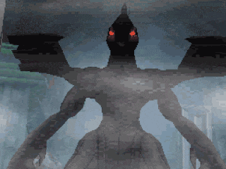 a pixel art drawing of a monster with red eyes