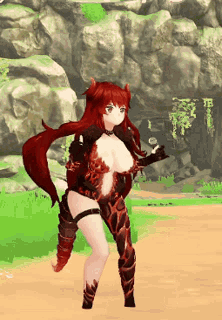a video game character with red hair and horns is standing in a field