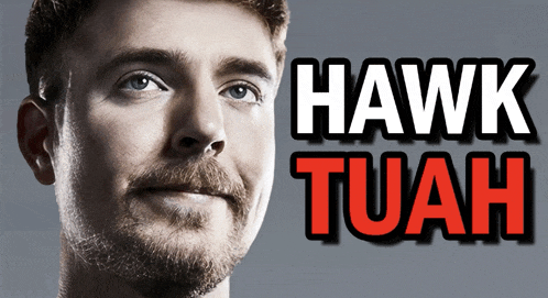 a close up of a man 's face with hawk tuah written in red