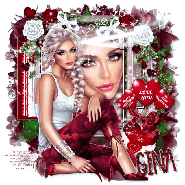 a woman in a red dress is surrounded by red hearts and the name gina