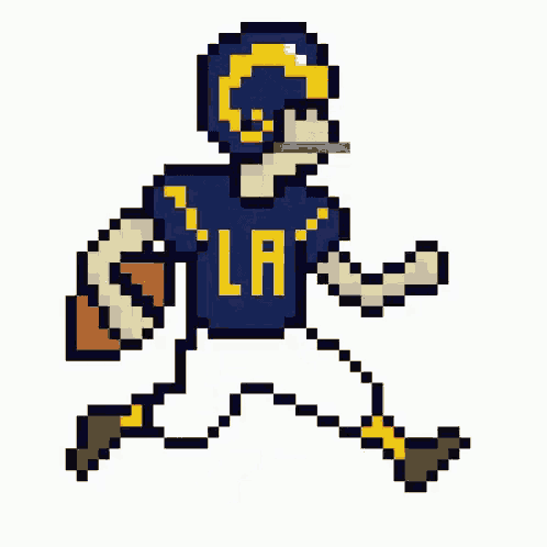 a pixel art of a rams football player running with a ball .