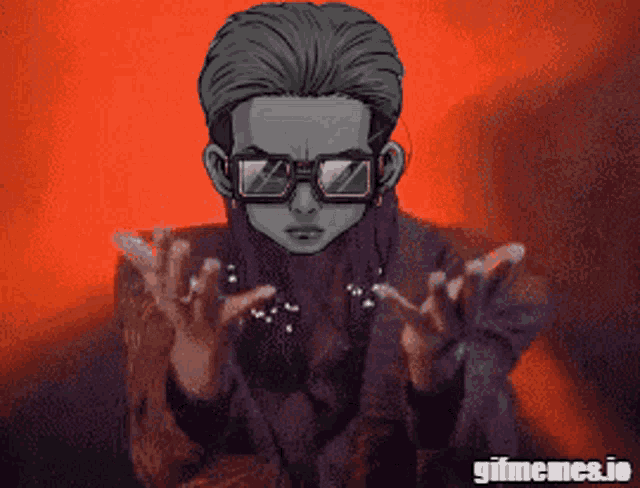 a pixel art of a man with glasses and the gifmemes.io logo