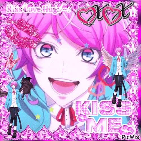 a picture of a girl with pink hair and the words kiss me on it