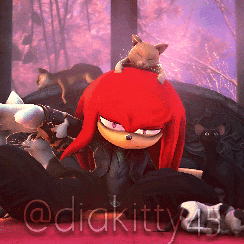 a cartoon character with red hair and a cat on his head is sitting on a couch with cats