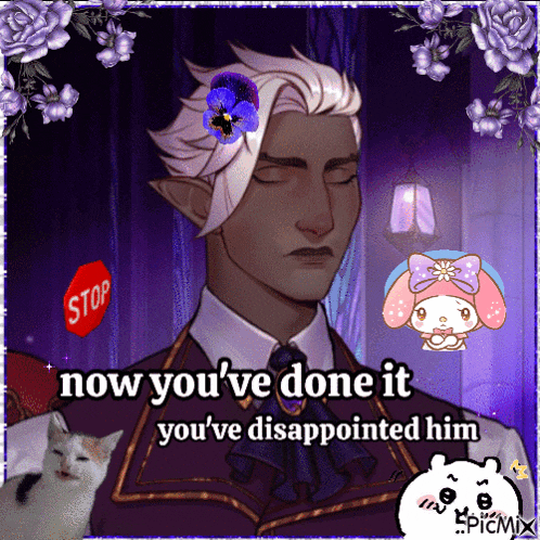 a picture of a man with a flower in his hair and the words now you 've done it