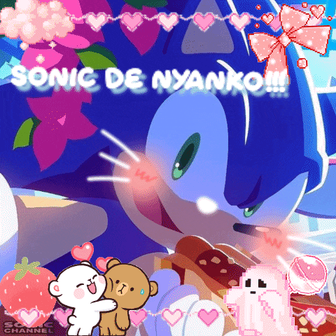 sonic the hedgehog is surrounded by hearts and a teddy bear and says sonic de nyanko
