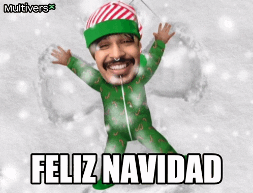 a man in a green pajamas is making a snow angel with the words " feliz navidad " above him