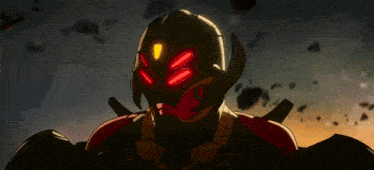 a close up of a cartoon character with red eyes