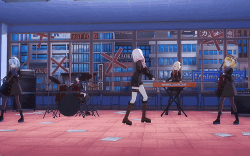a group of anime girls playing instruments in front of a sign that says cvs