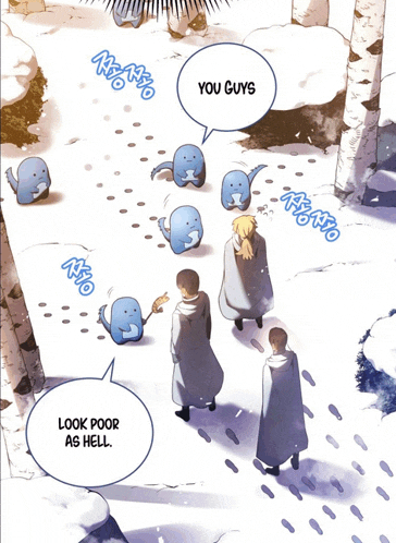 a group of people standing in a snowy area with a speech bubble that says you guys