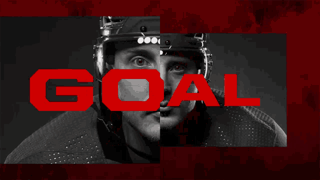 a black and white photo of a hockey player with the word goal below him