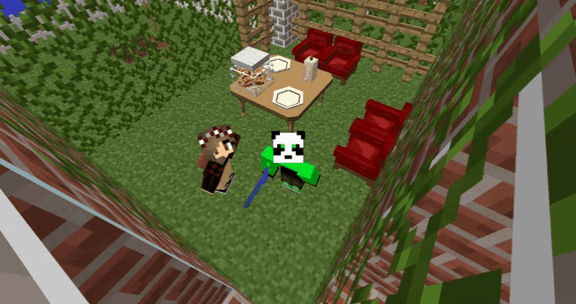 a screenshot of a minecraft game with a panda and a girl
