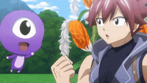 a boy stands next to a purple cartoon character with a big eye