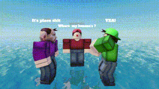 three roblox characters are standing in the water and one of them is asking where his banana is