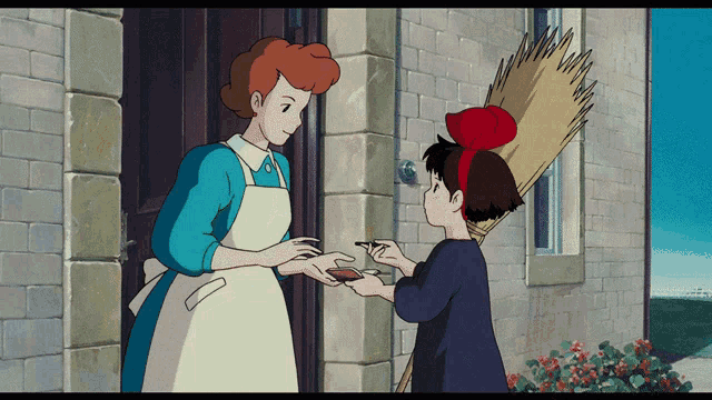 a little girl with a red bow on her head talks to a woman in an apron