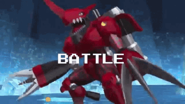 a red robot is standing in front of the words battle