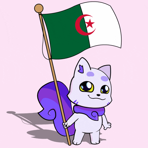 a cartoon cat is holding a green and white flag with a red star on it