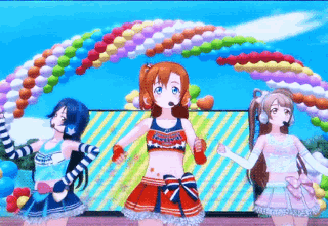 three anime girls are standing in front of balloons