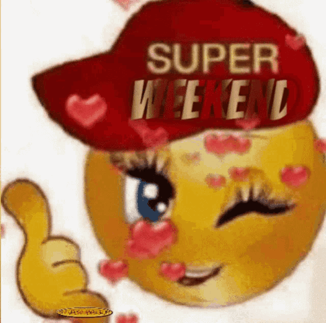a smiley face is wearing a red hat that says super weekend